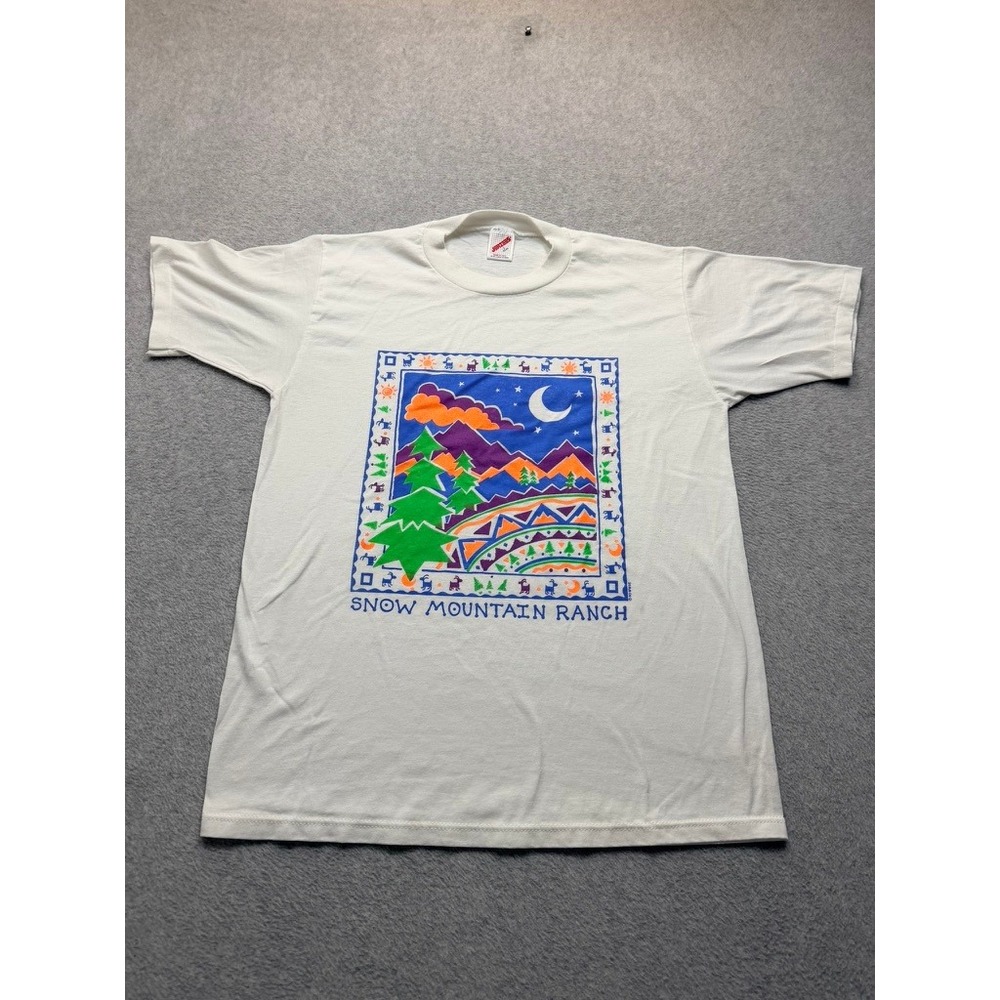 Vintage 1990 Jerzees Snow Mountain Ranch T Shirt White Large Single Stitch USA